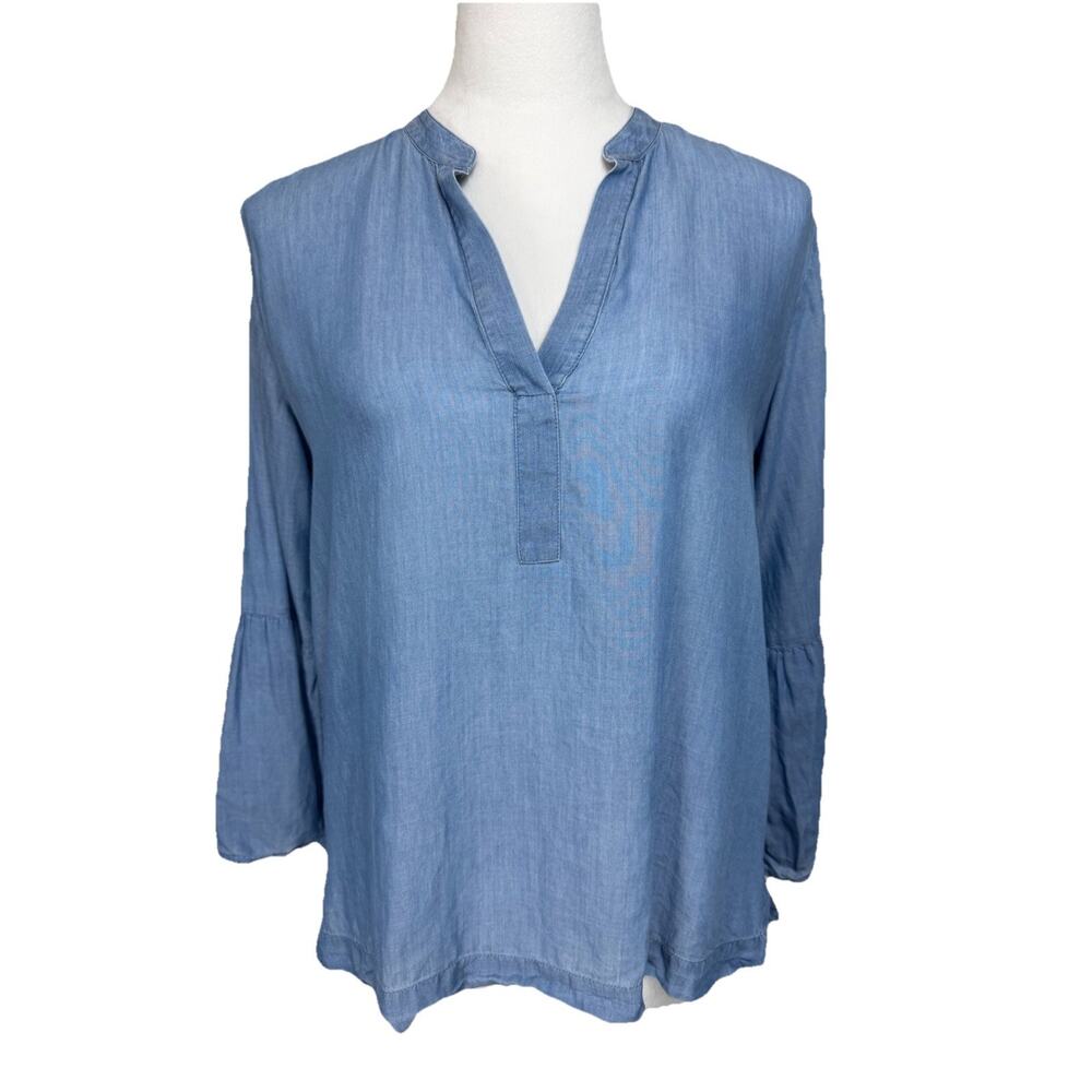 Ann Taylor LOFT The SOFTENED Shirt Sz S Denim Look Bell Sleeve Pullover
